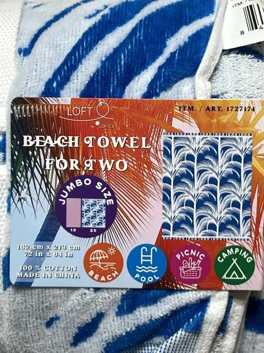 LOFT Beach Towel by Loftex 84 x 72 Jumbo Size with Handle Blue